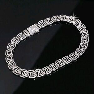 Elegant Iced Out Fully Rhinestone Figaro H-shape Silver Chain Necklace 18"